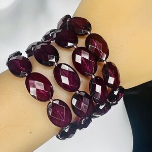 Vintage Faceted Bead Bracelet Plastic Multi Strand Ruby Pink Tone Magnetic Clasp